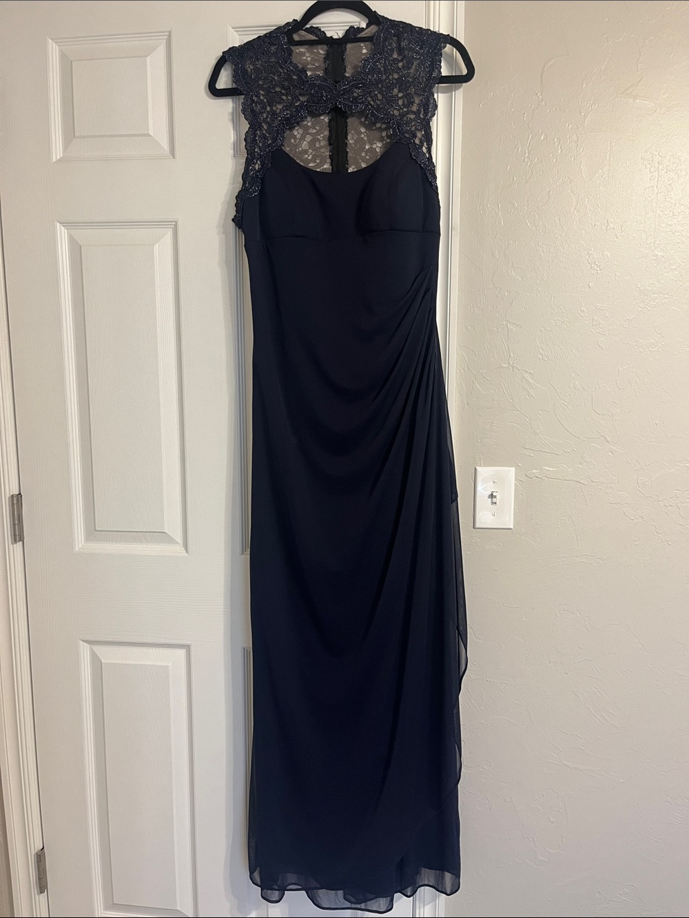 Xscape Navy Sleeveless Maxi Gown with Lace Yoke